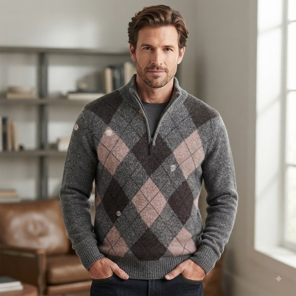 Fisherman Out Of Ireland Lambs Wool Large 1/4 Zip Argyle Diamond Gray Sweater